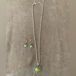 Silver Tone and Green Necklace/ Earrings Set
